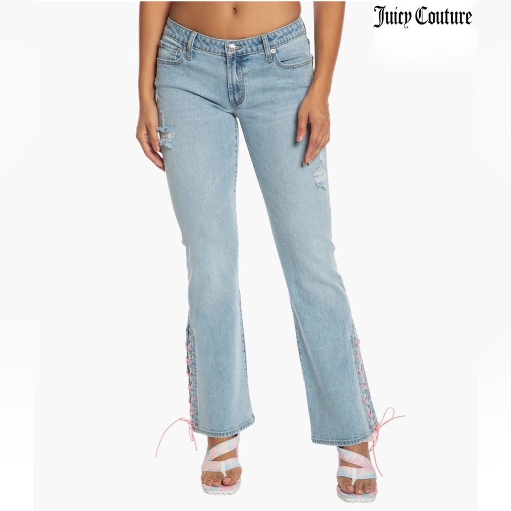 Juicy Couture Lace Up Flare Jeans Size 29 Light Blue Wash Low Rise